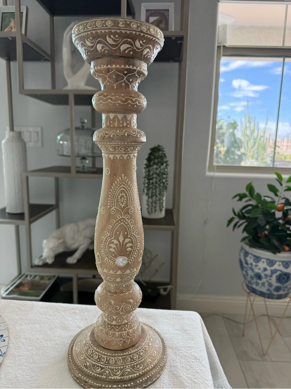 Indie 18” Hand-Carved Decorative Wood Candle Holder - Cream